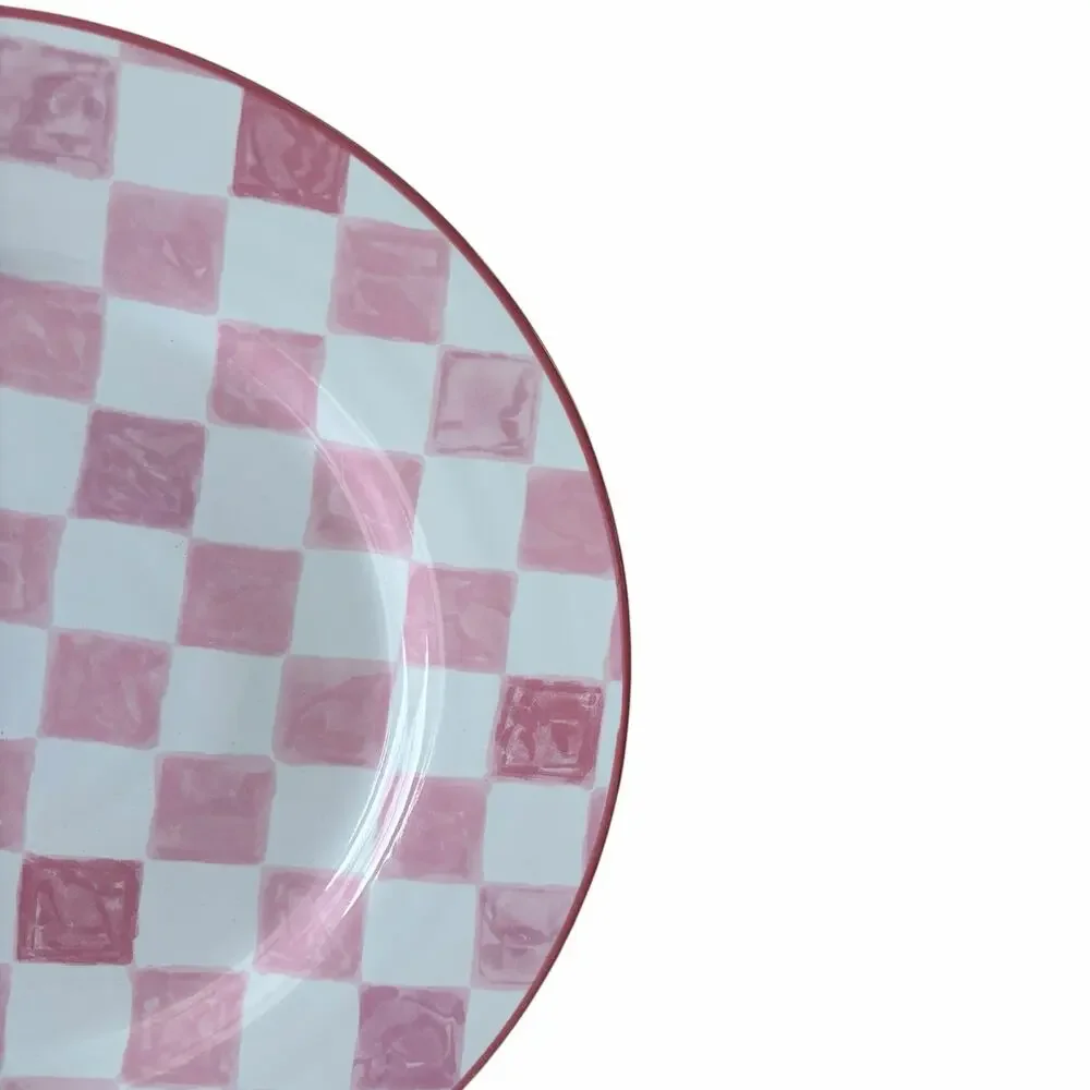 NEW Mackenzie-Childs Pink Check Dinner Plate 11in Portugal Stoneware